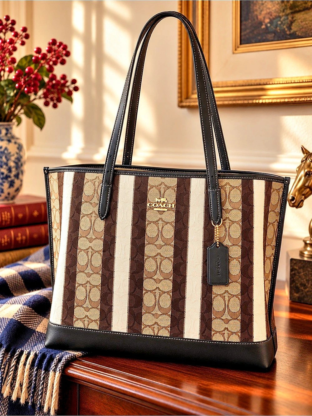 Coach Mollie Signature Jacquard Striped Tote C8415 Black Leather Zip Top C8415